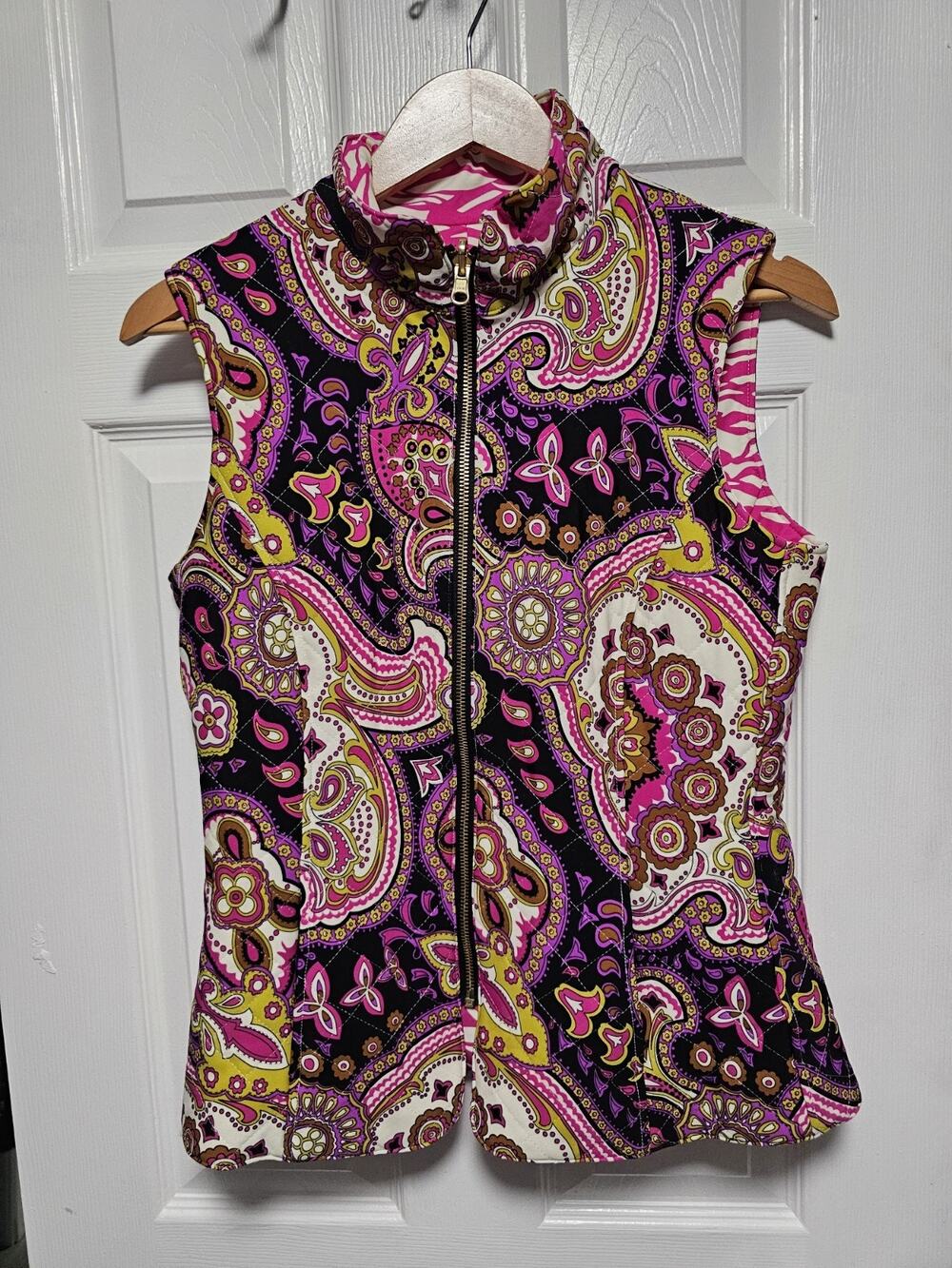 Jude Connally Reversible Quilted Vest M | Pink Zebra & Paisley Sleeveless Jacket